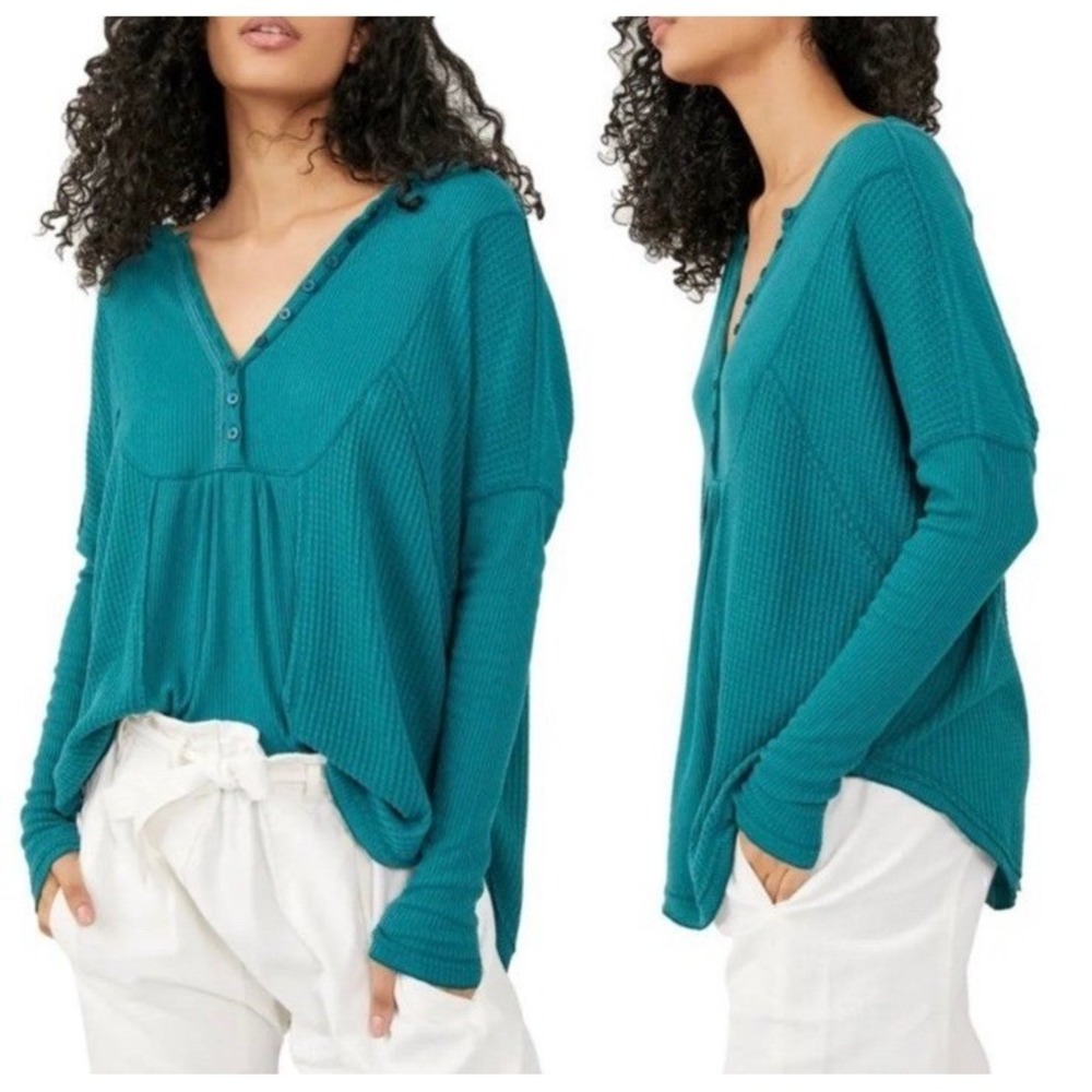 Free People Waffle Knit Leo Henley Tee In Teal Green Oversized Size Medium